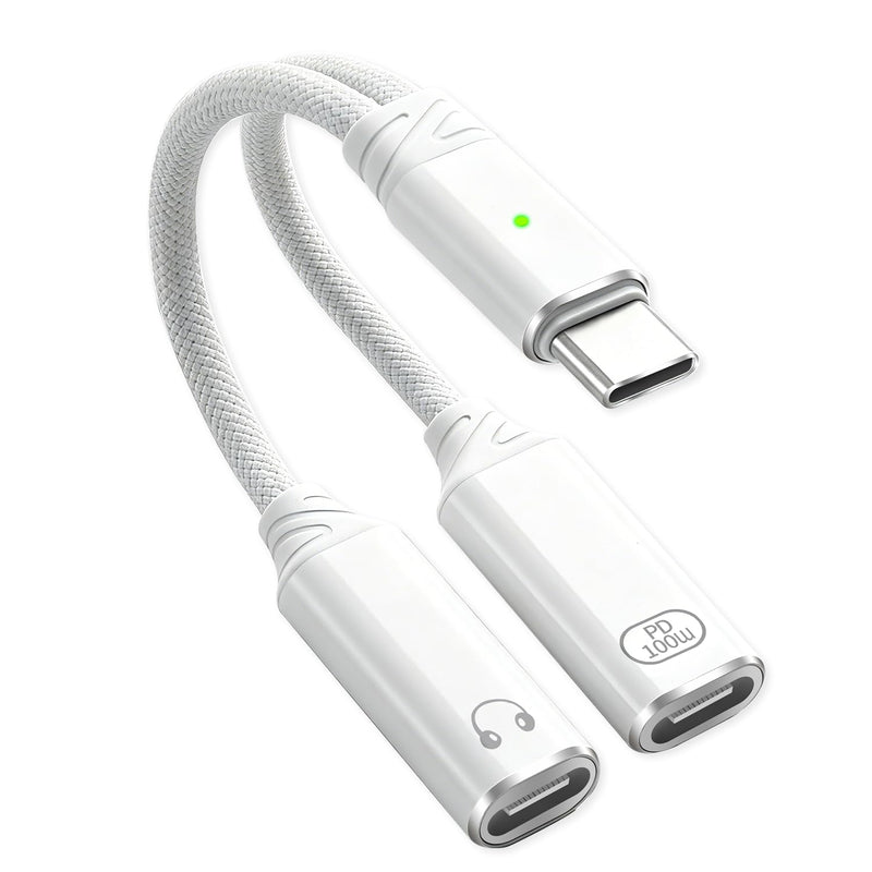 USB C Splitter 1 in 2 Out Dual USB C Headphone and Charger Adapter, White | Audio Jack Dongle with PD 100W Fast Charging Cable for iPhone 17 16 15 Pro Max, iPad, Samsung Galaxy S25 S24 Ultra