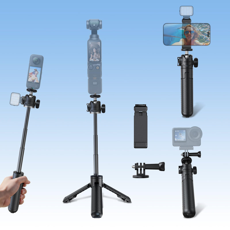 Auto Open 360° Rotation Invisible Selfie Stick for DJI Osmo 360/Insta 360 | LEEKAI PX05 11.8" Desktop Stand w/Cold Shoe&Claw Adapter&Phone Holder for Osmo Pocket 4P/4/3, Action 6, Insta360 Luna Ultra Black