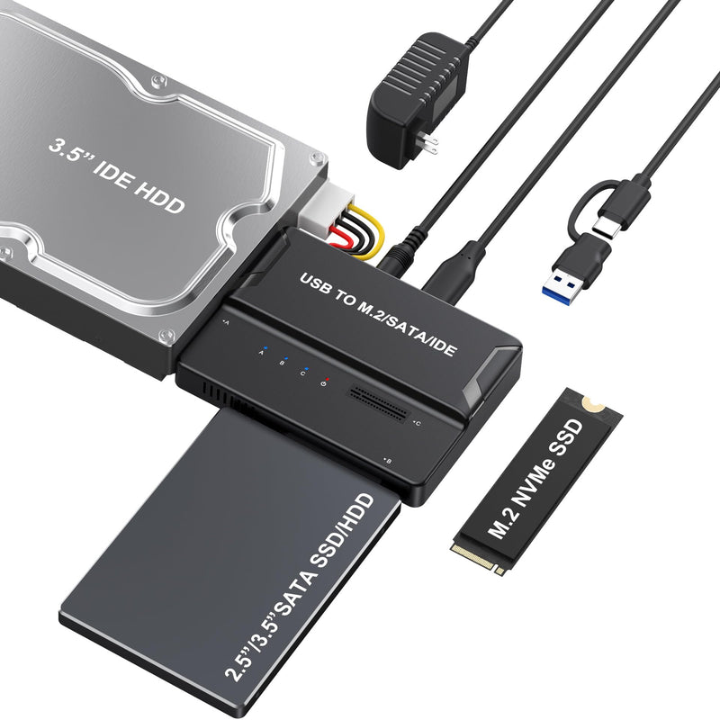 Universal 3-in-1 Hard Drive Enclosure - Tool-Free USB 3.2 10Gbps Type-C Adapter for NVMe M.2 (2230-2280), 2.5"/3.5" SATA & IDE HDDs, External SSD Reader for 3.5" IDE Drives