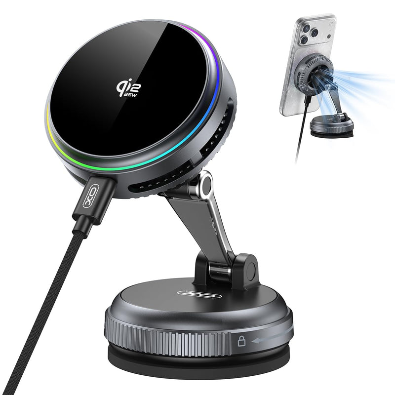 XO Qi2.2 Magnetic Car Mount Charger,25W Fast Charging with Cooling Fan and LED Light, 360° Rotatable Strong Hold Car Phone Mount with for Phone,Universal Fit for Most Vehicles, Easy Installation