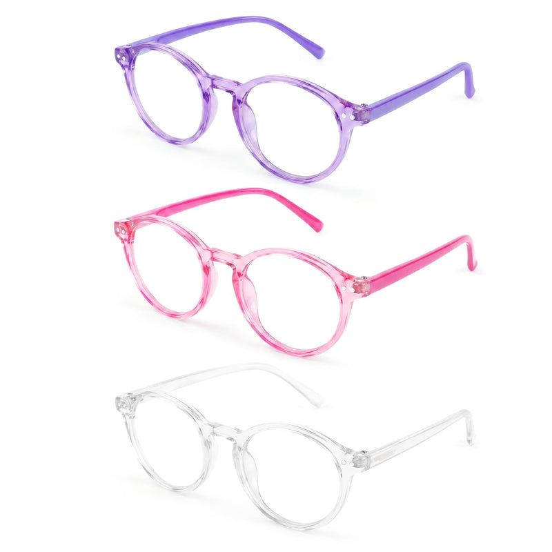 3 Pack Kids Blue Light Glasses, Lightweight Round Frame 6-15 | Blue Light Glasses for Kids girls and boys, Toddler Kids Clear Eye Glasses UV400, Fake Glasses Crystal Purple + Pink + Clear Aged 6-15 3