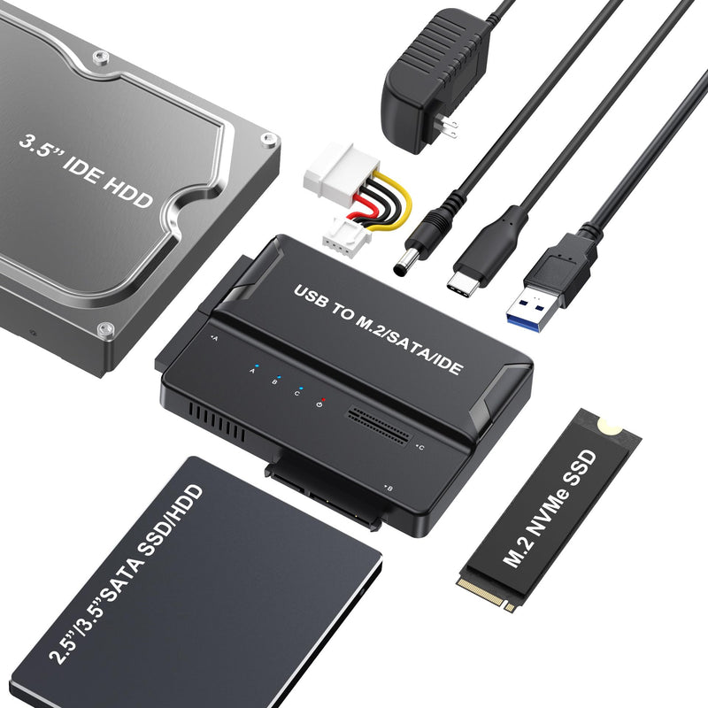 3-in-1 External SSD Enclosure for NVMe M.2 SATA/IDE 2.5"/3.5" HDD - Tool-Free USB 3.2 Gen 2 (10Gbps) Type-C Hard Drive Adapter for 2230/2242/2260/2280 & 3.5" IDE Drives