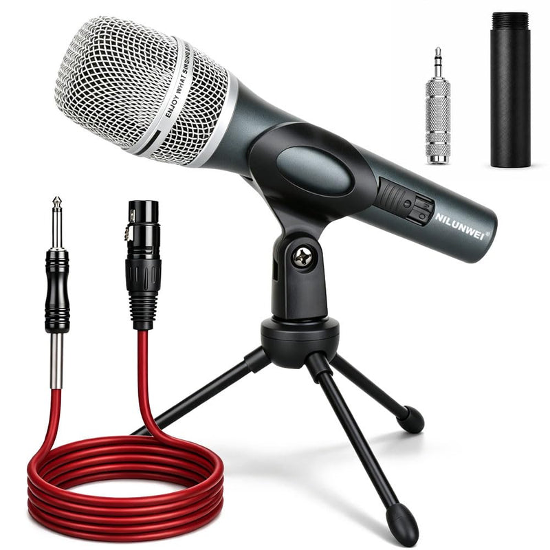 Dynamic Microphone - Heart shaped Directional Wired Microphone, used as a vocal microphone for live sing, with 14 foot XLR to 1/4 inch audio cable, desktop tripod, extension pole, Mic storage bag
