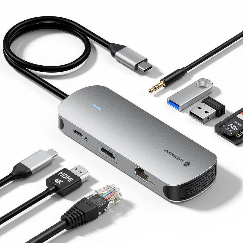 Yottamaster USB C Docking Station 4K@60Hz HDMI for MacBook/Dell/HP/Surface | 8 in 1 Laptop Dock Station with HDMI, 100W PD 3.0, 2 USB A, RJ45, SD/TF, Audio, Portable Adapter for Photography & Work 8 in 1 (With Audio Port)