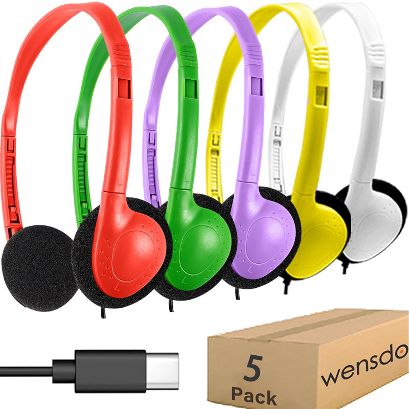 USB Type C Kids Headphones Bulk 5 Pack for School Classroom Students, On-Ear USB C Wired Headset Class Set Compatible with Chromebook Computer Laptop (HY857C,5 Mixed)