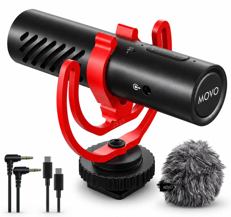 Movo VXR10-AI v2 Shotgun Microphone with AI Noise Cancellation - Camera Microphone for DSLR, Smartphone & Computer - Supercardioid On-Camera Mic with 3.5mm & USB-C Cables - Latest Version