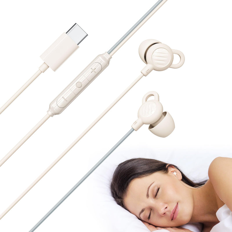 MEE audio SleepTones USB-C Wired Sleep Earbuds for Side Sleepers with Lightweight Low-Profile Silicone Earpieces, Noise Reduction Sleeping Headphones with Built-in Mic & Volume Controls (Beige)