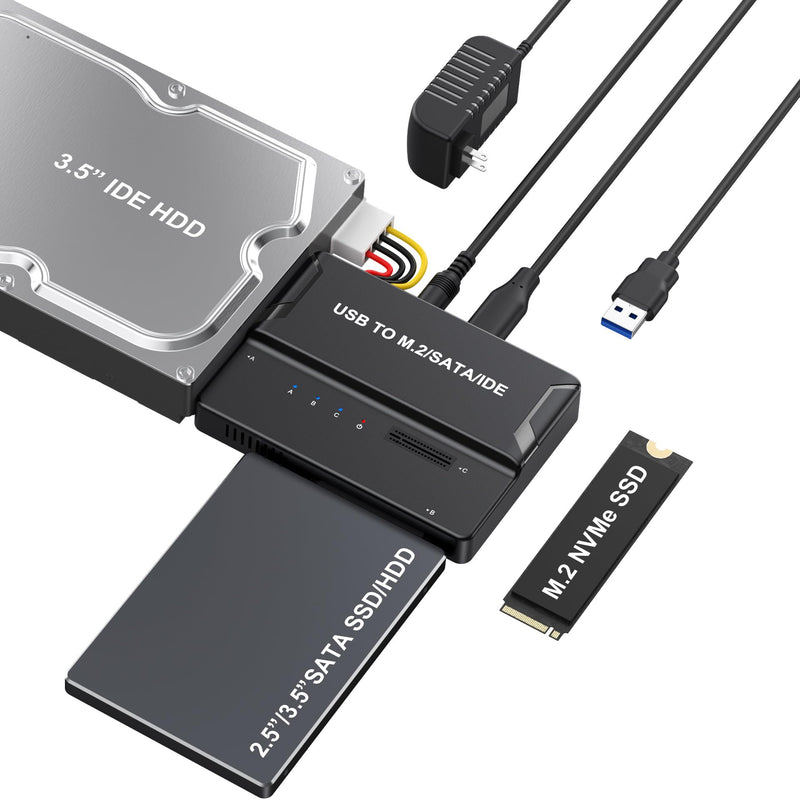 M.2 NVMe SSD Enclosure, USB to M.2 and IDE SATA Adapter Hard Drive Reader | 10Gbps USB-C/A to M.2 NVMe Adapter For all Size M.2 SSD(M Key&M+B Key), 3.5 2.5-Inch SSD/HDD with 12V/2A Power Adapter