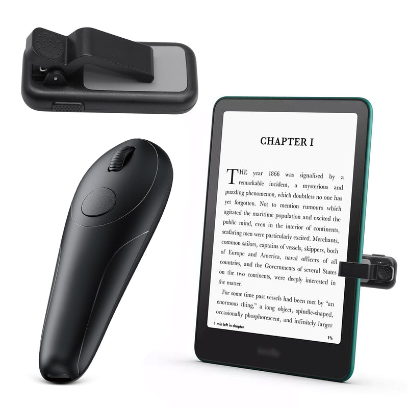 Kindle Page Turner Remote Control, Anti-Slip Finger Clicker for Reading in Bed, Case-Friendly 0.45inch Clip for Paperwhite Oasis Scribe iPad Kobo eReaders, 2-in-1 Camera Shutter Selfie Remote