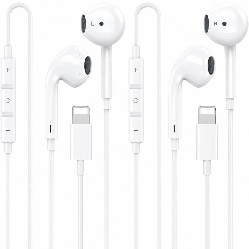 [Apple MFi Certified] Lightning Earbuds for iPhone, 2-Pack Wired Headphones | Bluetooth Connection; Built-In Remote and Mic for Music, Calls and Volume; Compatible with iPhone 14/13/12/11 Pro Max L-Ivory White