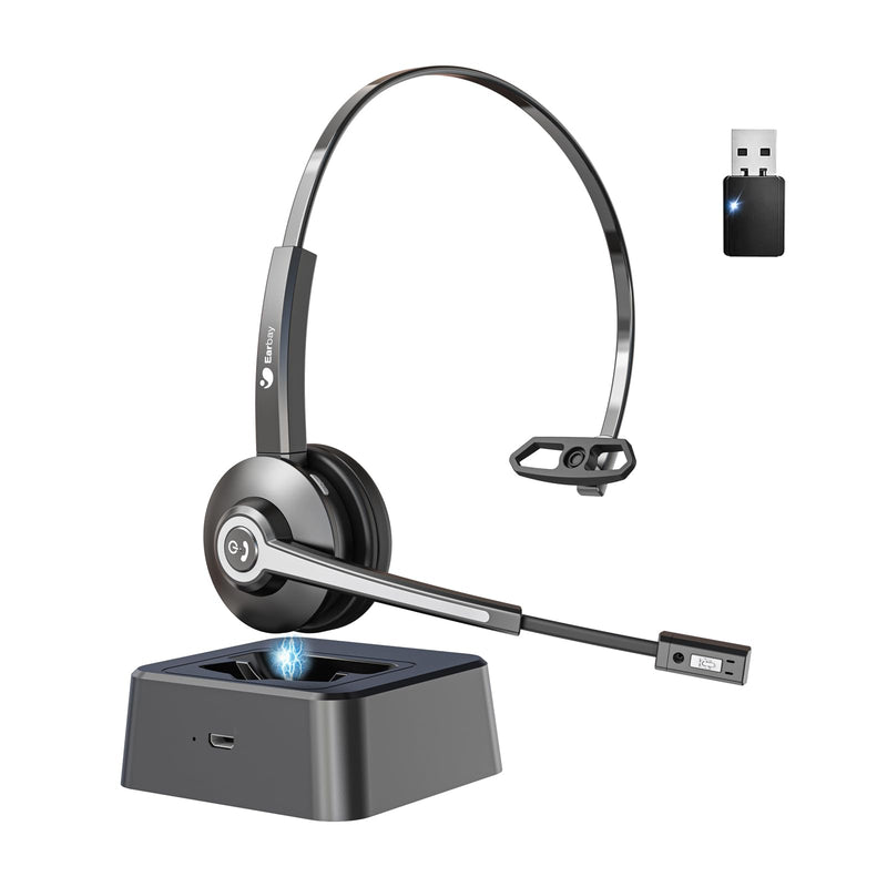 Earbay Trucker Bluetooth Headset, Wireless Headset with Mic for Work Noise Canceling & USB Dongle, Bluetooth Headphones with Microphone Mute & Charing Dock for Trucker/Meeting/Remote Work/PC/Office Black&Silver