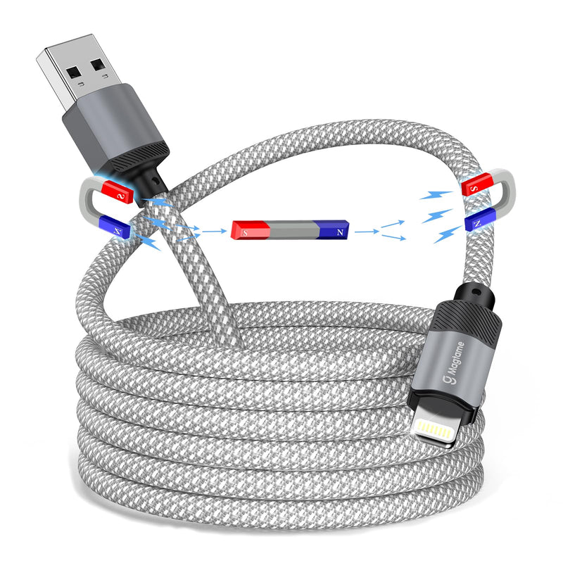 Coiled Magnetic USB A to Lightning Cable 3.3FT, Self Winding Cord | Silver Braid USB to Lightning Charging Cord Anti Tangle Car Desk Phone Cable Compatible with iPhone 14 13 12 11 Pro Max SE
