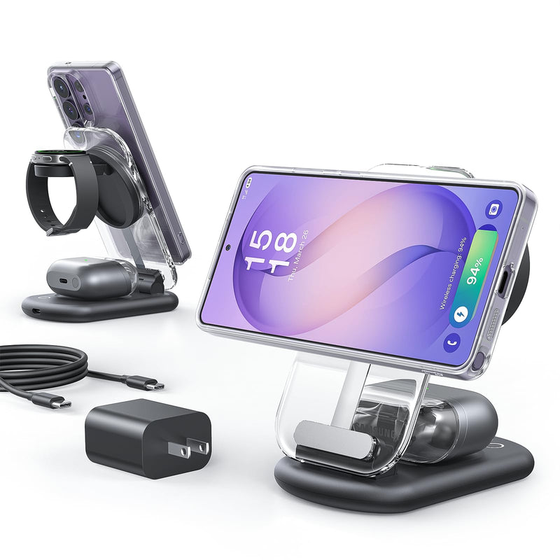 Meifigno 3 in 1 Foldable Wireless Charging Station for Samsung, Magnetic Charger Stand with On/Off Night Light for Galaxy S26/S25/Z Fold/Flip 8/7, Watch Charger for Galaxy Watch Ultra/8/7/6, for Buds