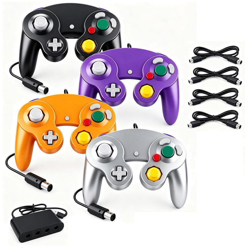 Burcica 4PCS Controllers for Gamecube, with 4 Extension Cables and 4-Port USB Adapter for Switch PC Wii U Console