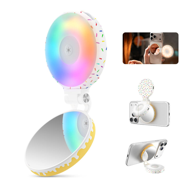 TELESIN Magnetic Selfie Light for iPhone Magsafe and Android | 360° Rotating Full Color RGB Phone Light with Mirror & Stand, LED Selfie Ring Fill Light for Pictures, TikTok, Vlog, Makeup