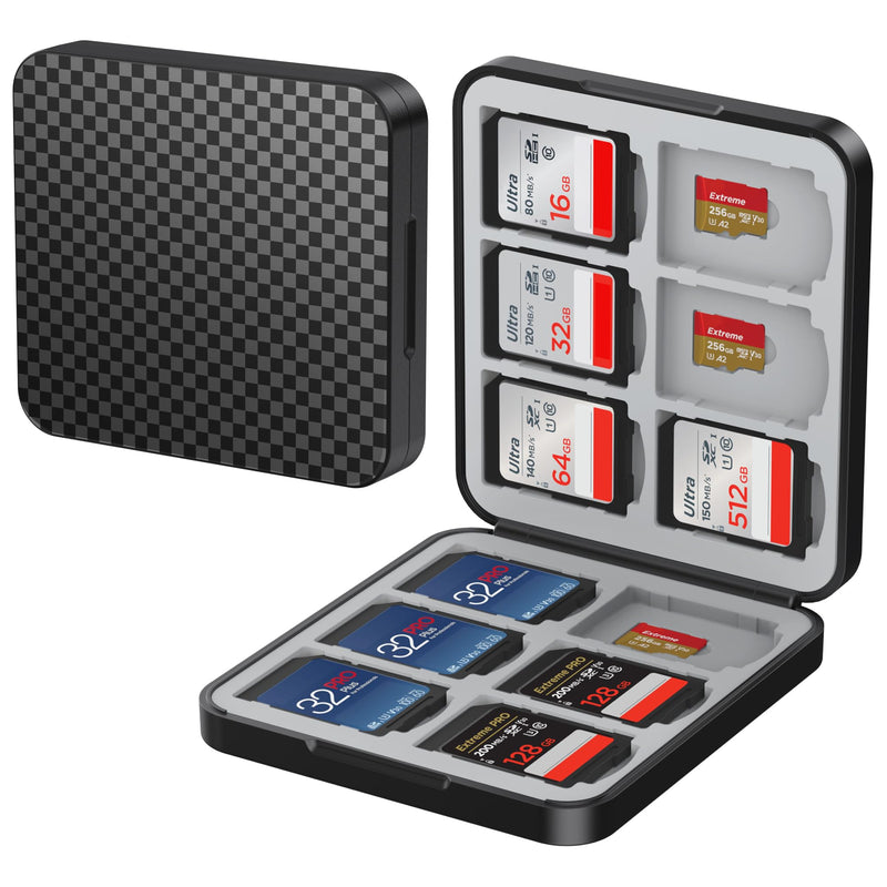 HEIYING Memory SD Card Holder with 24 Card Slots for Micro SD Cards | 12 SD + 12 Micro SD Slots, Magnetic Closure, Compact Portable Storage case with Soft Silicone Interior for Card Protection Checkered Black