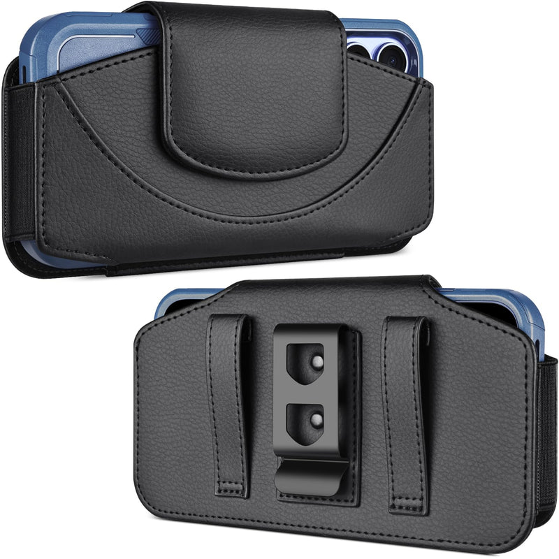 Phone Holster for Samsung Galaxy A15 Leather Cell Phone Belt Holder Case with Metal Clip and Magnetic Closure for Men Women (Fits Protective Cover on), Black
