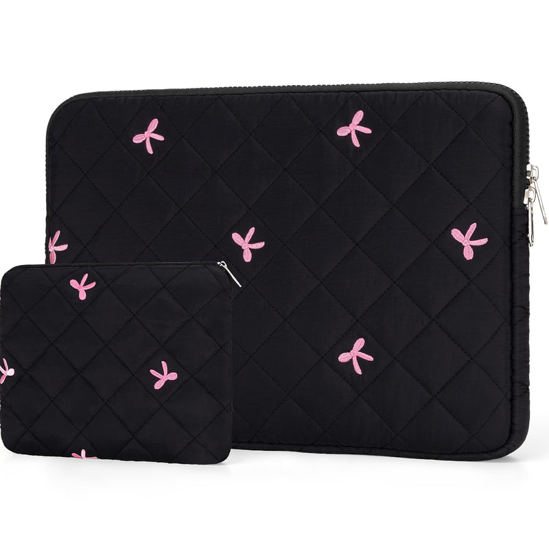 15-16 Inch Laptop Sleeve, Bow Embroidered with Pouch, Black | Quilted Shockproof Padding, Scratch-Resistant Lining, Water Resistant Fabric, Accessory Pouch, Slim for Work, School & Travel 15-16 Inch