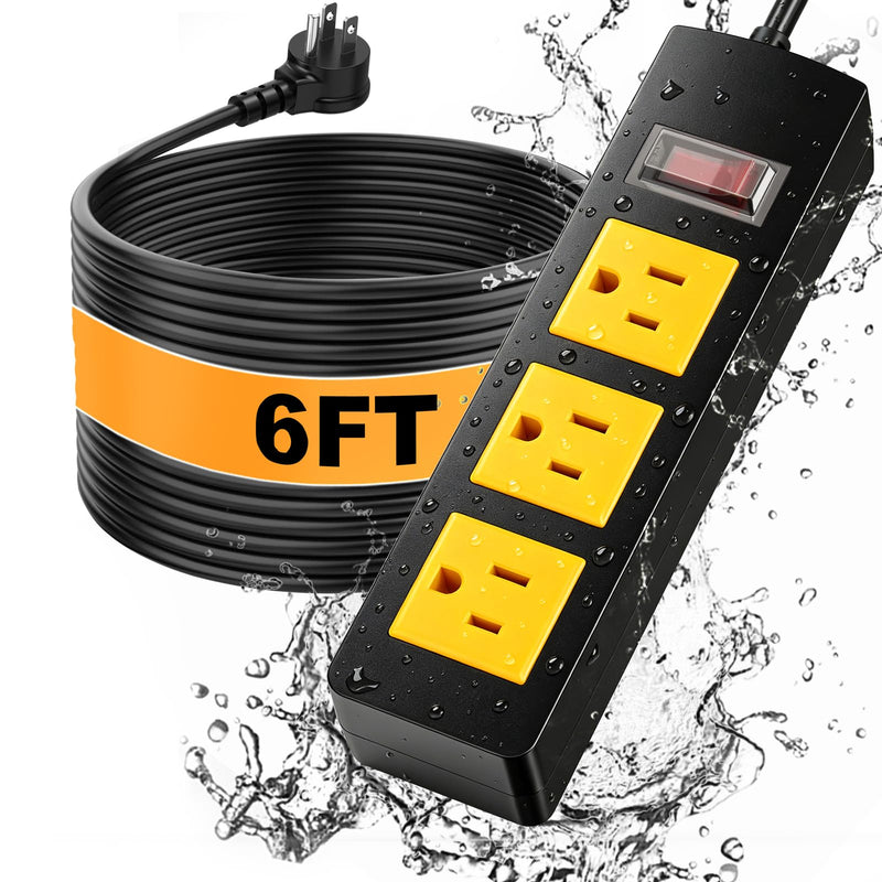 Waterproof Outdoor Power Strip with Extension Cord 6FT, Weatherproof Surge Protector, 3 Shockproof Outlets & Overload Safety Wall Mount Power Strip for Home/Outdoor Patio, Christmas Lights
