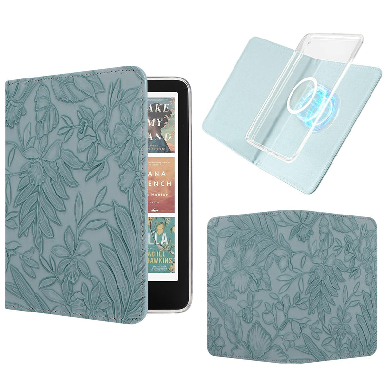 Magnetic Book Cover Case for 7'' Kindle Paperwhite & Colorsoft | Magnetic Detachable, Auto Wake/Sleep, Clear PC Case, Soft TPU Edge, Hands-Free Viewing, Book Design, Embossed Powder Blue 7" E-book-reader