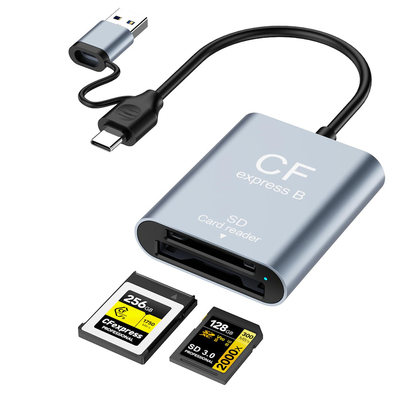 CFexpress Type A + SD Card Reader 10Gbps,USB-C/USB-A CF Express A Reader | USB 3.2 Gen 2,Dual-slot Simultaneous,Compact,USB-C/A Cable, Compact and portable,Support UHS-II SD,Plug and Play,Metal shell Grey