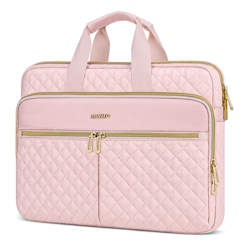 MOSISO Laptop Case 16 inch, 15-15.6 inch Laptop Sleeve with Handle, Pink | Compatible with MacBook Pro 16, HP Acer Dell Lenovo ASUS, Square Quilted Protective Carrying Computer Bag with 3 Pockets&Belt