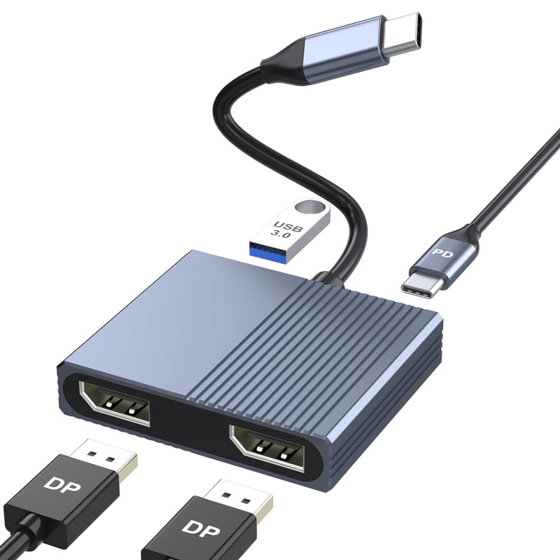 USB C to Dual DisplayPort Adapter with USB3.0/PD, 4K@60Hz Supports SST/MST | DisplayPort Splitter for Dual Monitors Extended Display, USB C to Display Port Adapter, Displayport MST Hub for Dell/HP/Mac