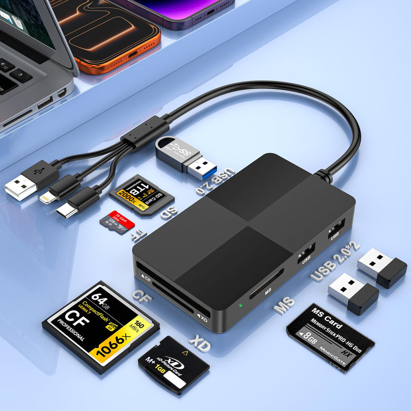 Multi SD Card Reader Adapter 8in1,USB-C + Lightning + USB-A SD/TF/MS/CF/XD Memory Stick Pro Duo Adapter,Memory Card Reader with 3X USB2.0 Ports for iPhone/Windows/Android/PC/Photography/Vlog