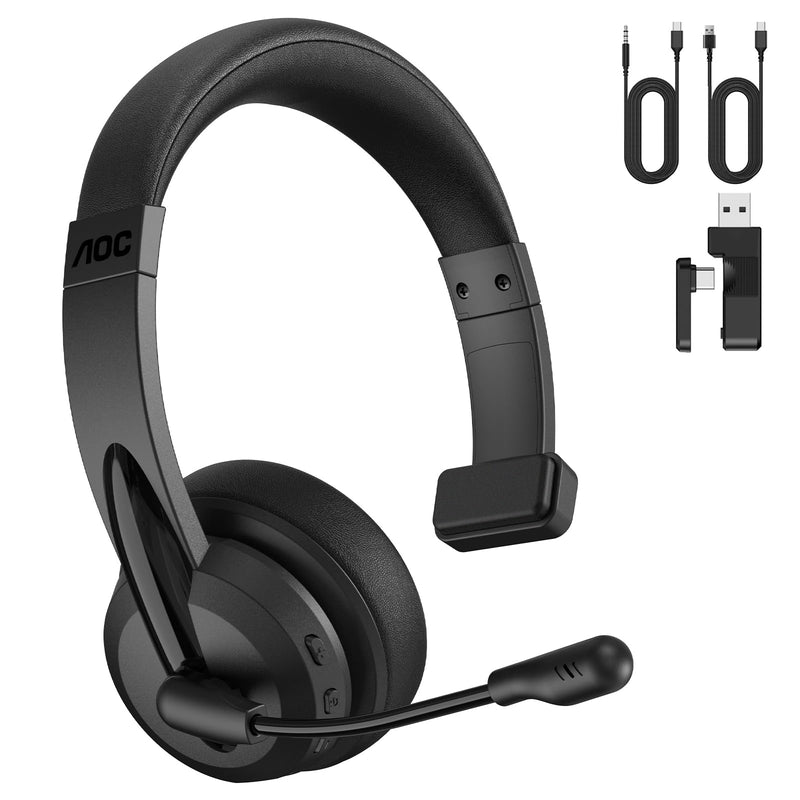 AOC Wireless Headset with Microphone for Work, AI ENC Noise Cancelling Bluetooth 6.0 Headset, 45H Playtime Mono Office Headset with 2.4G Dongle BLACK