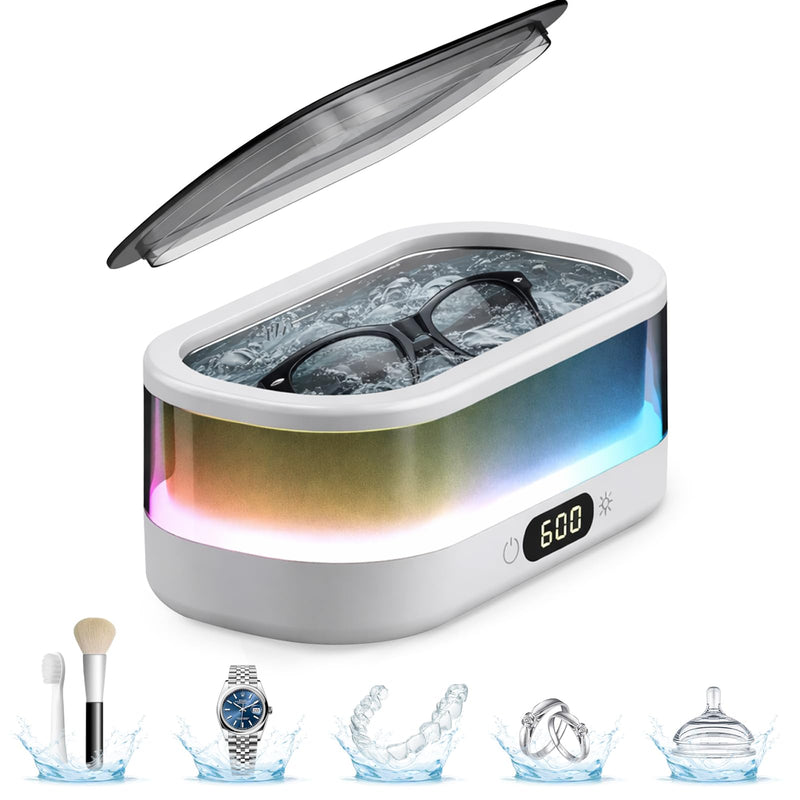 Ultrasonic Jewelry Cleaner 48KHz with RGB Lights for Eyeglasses, Rings, Watches, Dentures, 350ML 304 Stainless Steel Tank, Dual Modes Professional Sonic Cleaner Gift for Wife,Mom,Daughter White