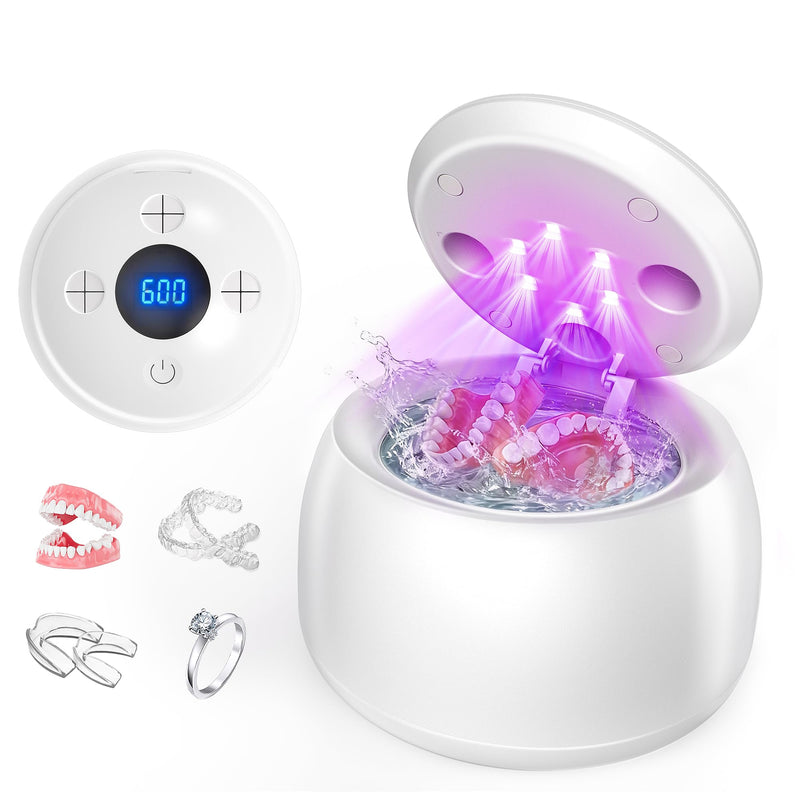 Ultrasonic Retainer Cleaner with UV Light - 45kHz Deep Cleaning Pod for Dentures, Aligners, Night Guards - Includes Cleaning Brush, 200ml Capacity (White) white