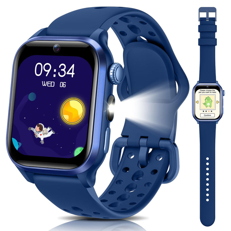 Smart Watch for Kids No App or Phone Needed, IP68 Waterproof, Flashlight | Kid Fitness Watches Pedometer, 24/7 Heart Rate, , Sleep Monitor, Puzzle Games for Boys&Girls Ages 4-12, Blue Max: 222 mm Min: 157 mm