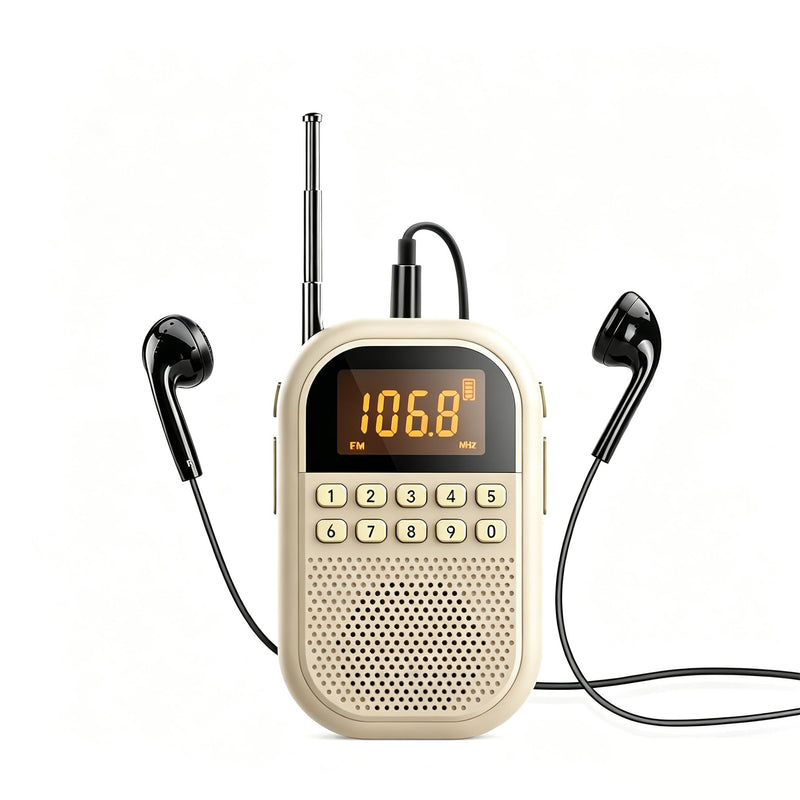 Longben AM FM Portable Pocket Radio Personal Radio Supports Bluetooth 1100mAh mini Speaker Stereo Earphone, Sleep Timer (Beige) Beige