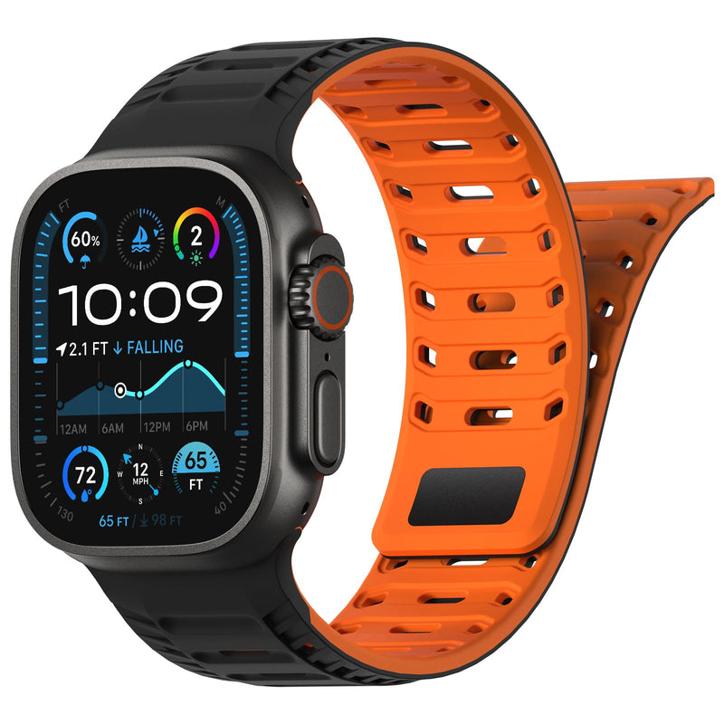 Magnetic Silicone Sport Band for Apple Watch Bands for Women Men | Soft Silicone Hollow Out 38/40/41/42/44/45/46/49mm, Adjustable Strap for iWatch Series 11 10 9 8 7 6 5 4 3 2 1 SE&Ultra 3/2/1 Black+Orange 44/45/46/49mm