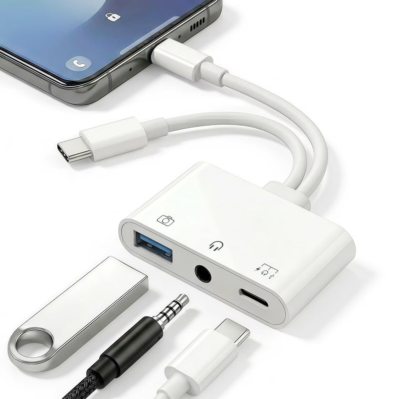 USB-C & Lightning to 3.5mm Audio Jack Adapter, Lightning to USB C Adapter with USB-A OTG Port and 3-in-1 USB-C Port for Charging, Data Transfer & Aux Audio, Compatible with iPhone17 iPad Galaxy S26