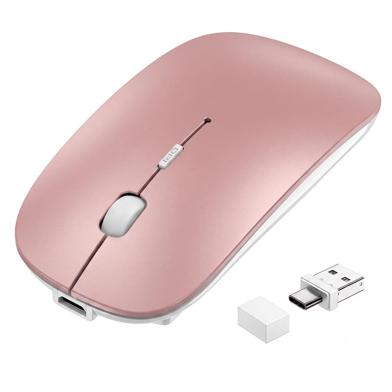 Wireless Bluetooth Mouse for Mac Air MacBook Pro Laptop PC Pad Optical Rechargeable Silent Mouse with Jiggler Mode Dual Mode Switch Bluetooth 5.2/3.0 and 2.4G USB-A & USB-C Receiver Rose Gold RoseGold Portable