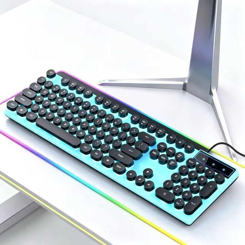 Vintage Round Keycaps Wired Keyboard with RGB LED Backlight, Quiet Gaming Keyboard for PC, Laptop, Desktop, Office & Home(Black) Black2