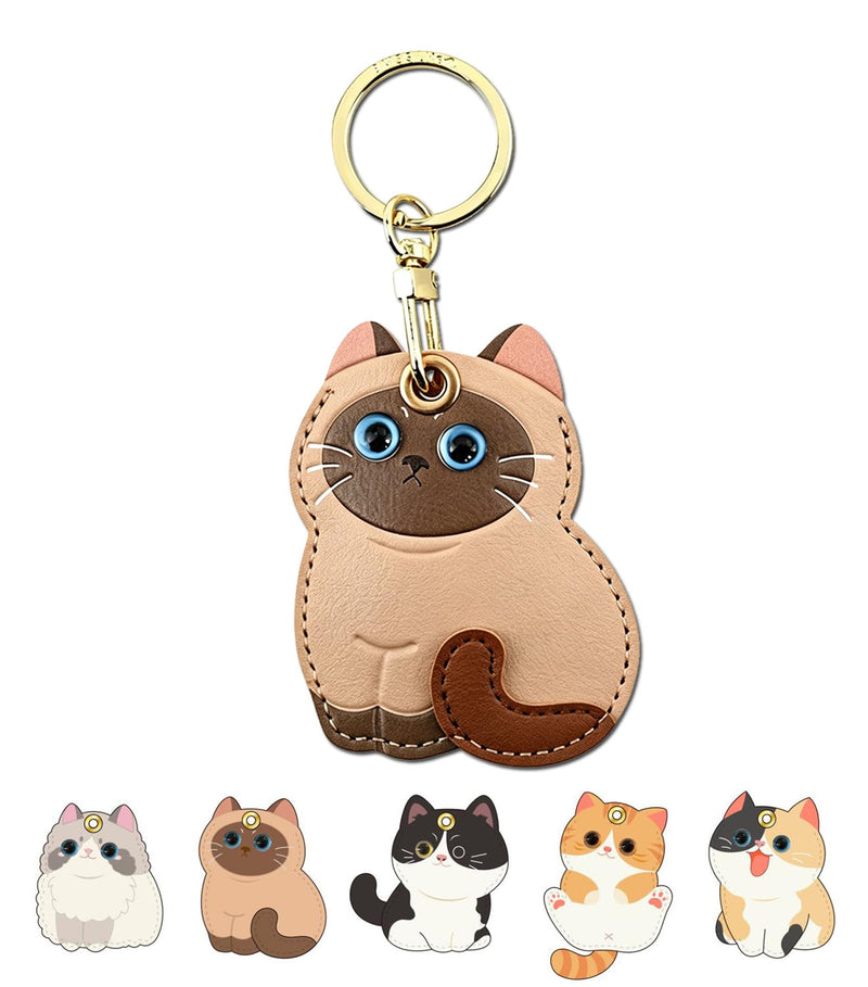 Keychain Holder Case Compatible with AirTag, PU Leather Access Card Cover with Key Ring for Suitcase, Bag, Car Keys Siamese Cat