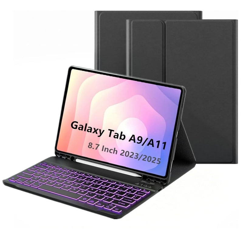 Bluetooth Keyboard Case for Samsung Galaxy Tab A11/ Tab A9 8.7-Inch 2025/2023, 7 Colors Backlit Slim Folio Cover, Detachable Wireless Bluetooth Keyboard with Pencil Holder (Black) Black