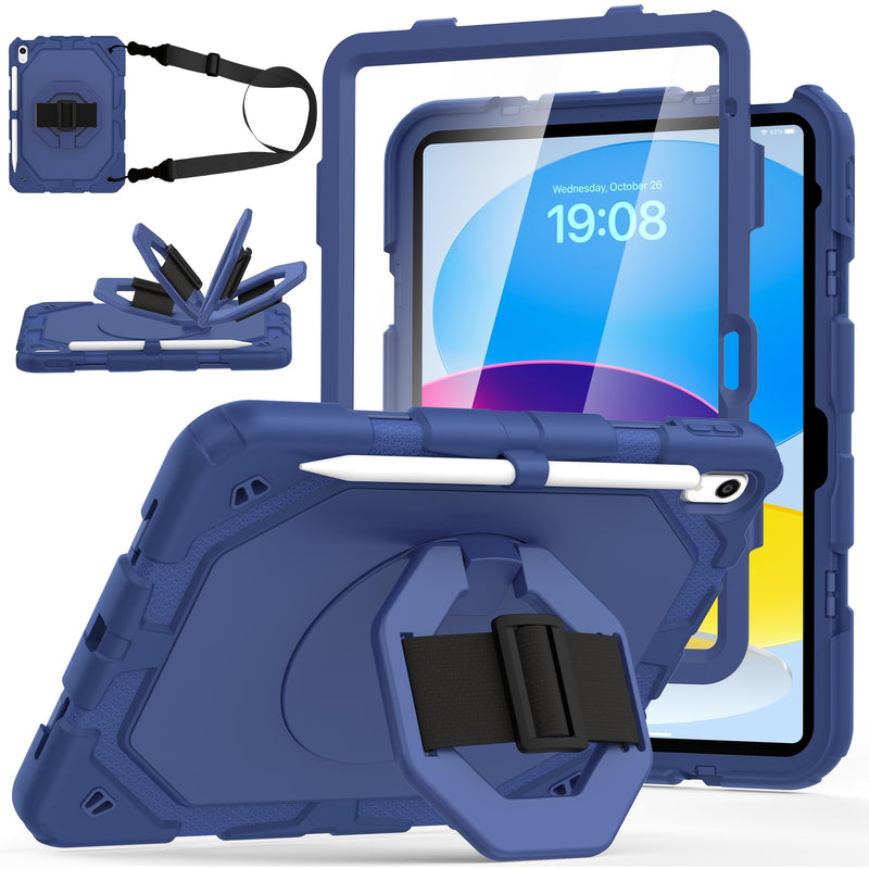 iPad A16 11th & 10th Gen Case with Screen Protector and Strap, Blue | 360° Rotating Stand, Removable Adjustable Shoulder Strap & Hand Strap, Pencil Holder, Handle for Carrying, Heavy Duty Case Navy Blue