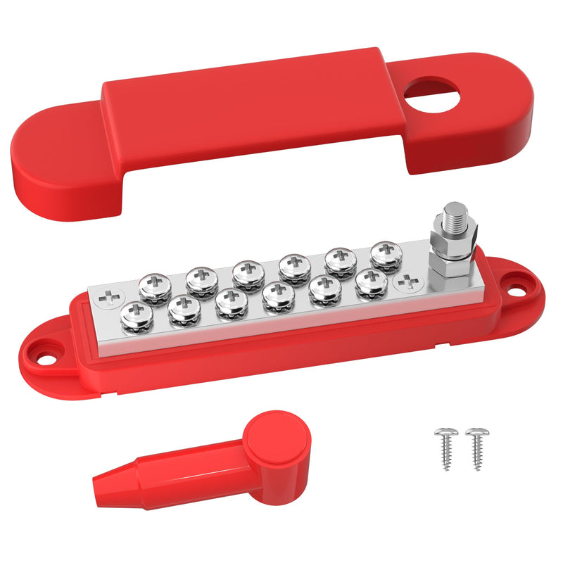 Bus Bar 12V 150A Power Distribution Block 1/4" Stud & 12 x #8 Terminal Screws 12 Volt Positive Battery Marine Bus Bar for Solar Battery Wiring, Marine, Boat and Automotive Red