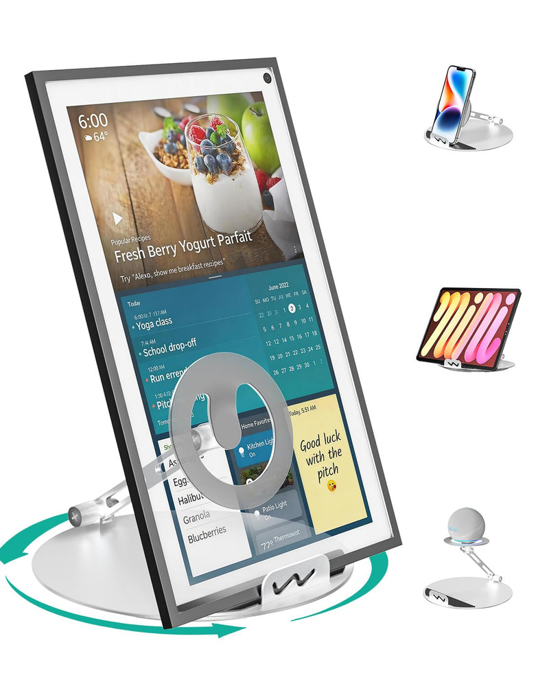WALI Echo Show 15/21 Stand, Adjustable Stand for Echo Show 15/21 and Up to 18" Tablets/Portable Monitors, 360 Degrees Rotating Tilt Foldable Show 15, 21 Accessories for Kitchen Home Office, Silver