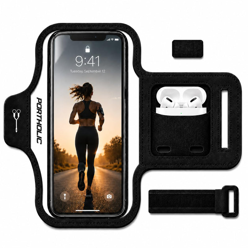 PORTHOLIC Running Armband Phone Holder with Earphone Pouch Fits up to 6.9" | Cell Phone Arm Bands for Runners Workout with Card Slot & Extension Strap for iPhone 17/16/15/14/13 Plus Air Pro Max XR/XS Black(Up to 6.9'')