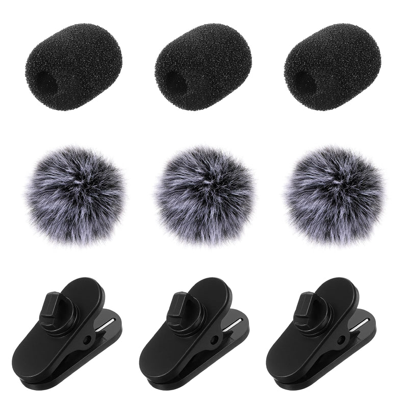 SHENLIU 9 Pcs Lavalier Microphone Windscreen Kit, 6 Pack Furry and Foam Mic Covers with 3 Pack 360° Rotatable Cable Clips, Universal Lapel Mic Accessories(for 1.8mm Round & 5mm Flat Cables)