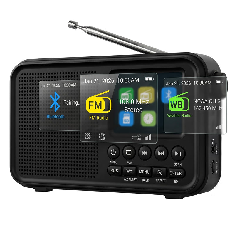 FM Radio with Bluetooth, NOAA Weather Band, 2.4" Color Screen, Rechargeable Portable Radio, Dual Alarms, microSD Playback, USB-C Charging, Headphone Jack for Home, Bedroom, Office & Travel Black
