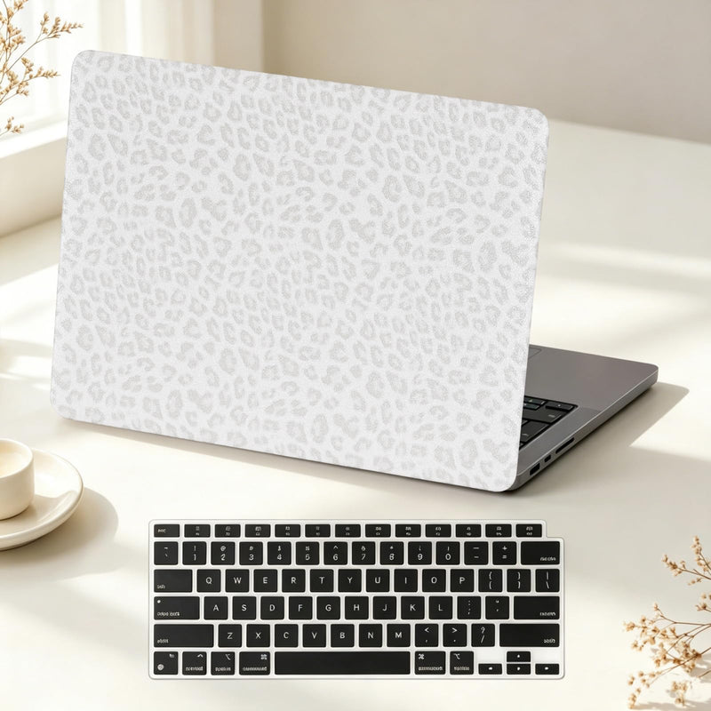 Sparkly Leopard Print Case for MacBook Air 13 inch 2026-2022 M5 M4 M3 M2 | Model A3449 A3240 A3113 A2681 - Glitter Cheetah Spots PU Leather Hard Case for MacBook Air 13.6 inch + Keyboard Cover, White