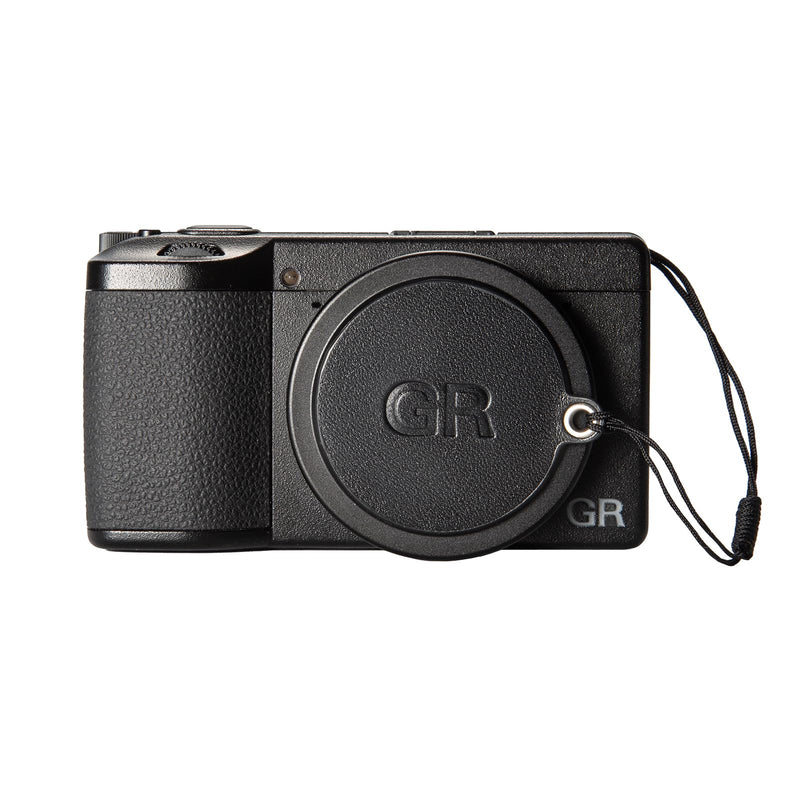 Metal Nappa Lens Cap with Anti Loss Strap for Ricoh GR III | Aluminum lens cap with Nappa leather, velvet lining, snug fit, and auto-release for Ricoh GR III. Black GR3