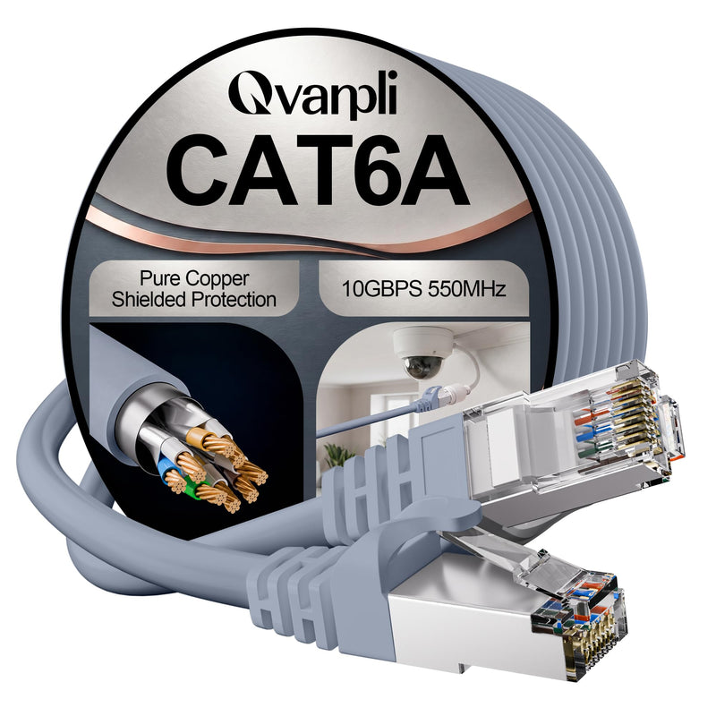 10Gbps Shielded Cat 6A Ethernet Cable 25FT, Pure Copper Cat6A Cable, Grey | F/FTP Shielded, 550MHz Bandwidth, 26 AWG Bare Copper, Snagless Gold-Plated RJ45, Supports POE, Compatible with Cat 6, Cat 5e