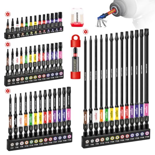 Geinxurn Impact Security Torx Bit Set, 1”/2”/3”/6” 54pcs Magnetic (TT7-TT40) S2 Steel Star Bits with 1/4 Hex-Shank, Long Extension Tamper Proof Screwdriver Bits Stored in Color Coded Base 1 2 3 6 Inch