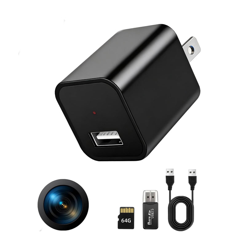 64G USB Charger Hidden Camera, 1080P Motion Detection Indoor Security Camera with SD Card Included, No WiFi/Monthly Fee, 106° Wide Angle, Local Storage Home Monitoring Device (2026 Upgraded) Silver Black